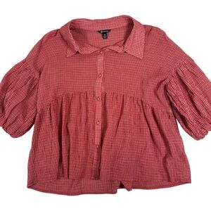 Red Gingham Babydoll Shirt Puff Sleeve Collared Button Up Twee preppy peplum